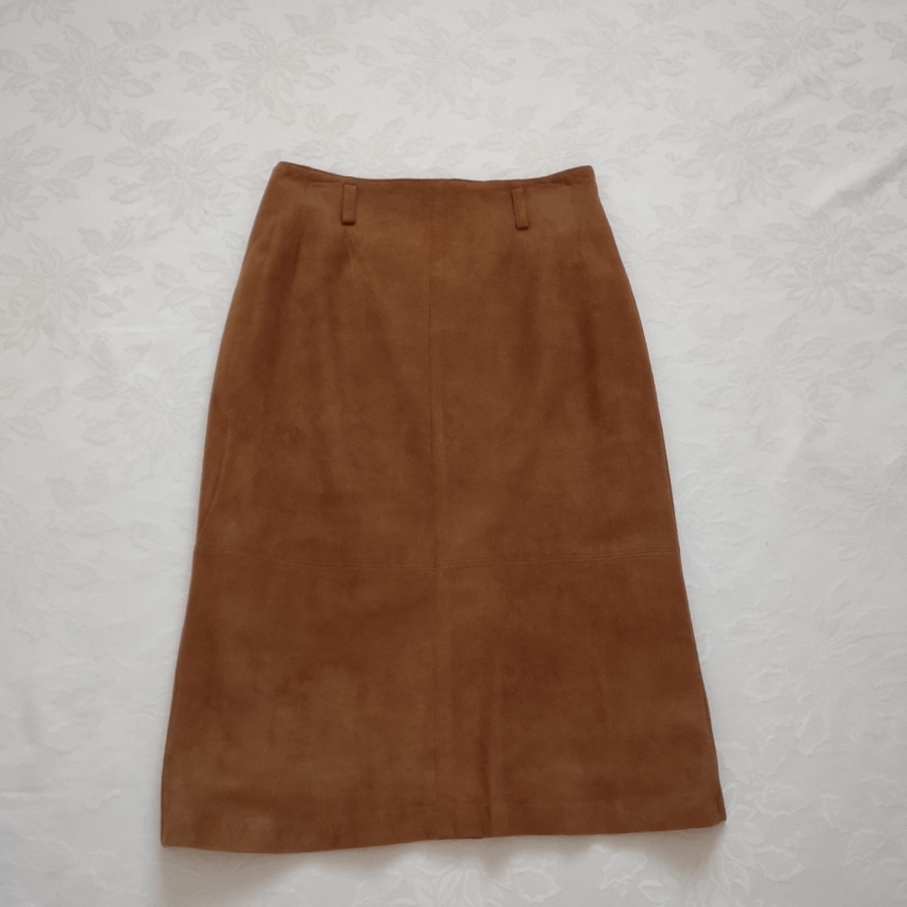 Vintage Ellen Tracy Linda Allard suede leather high waist pencil skirt caramel